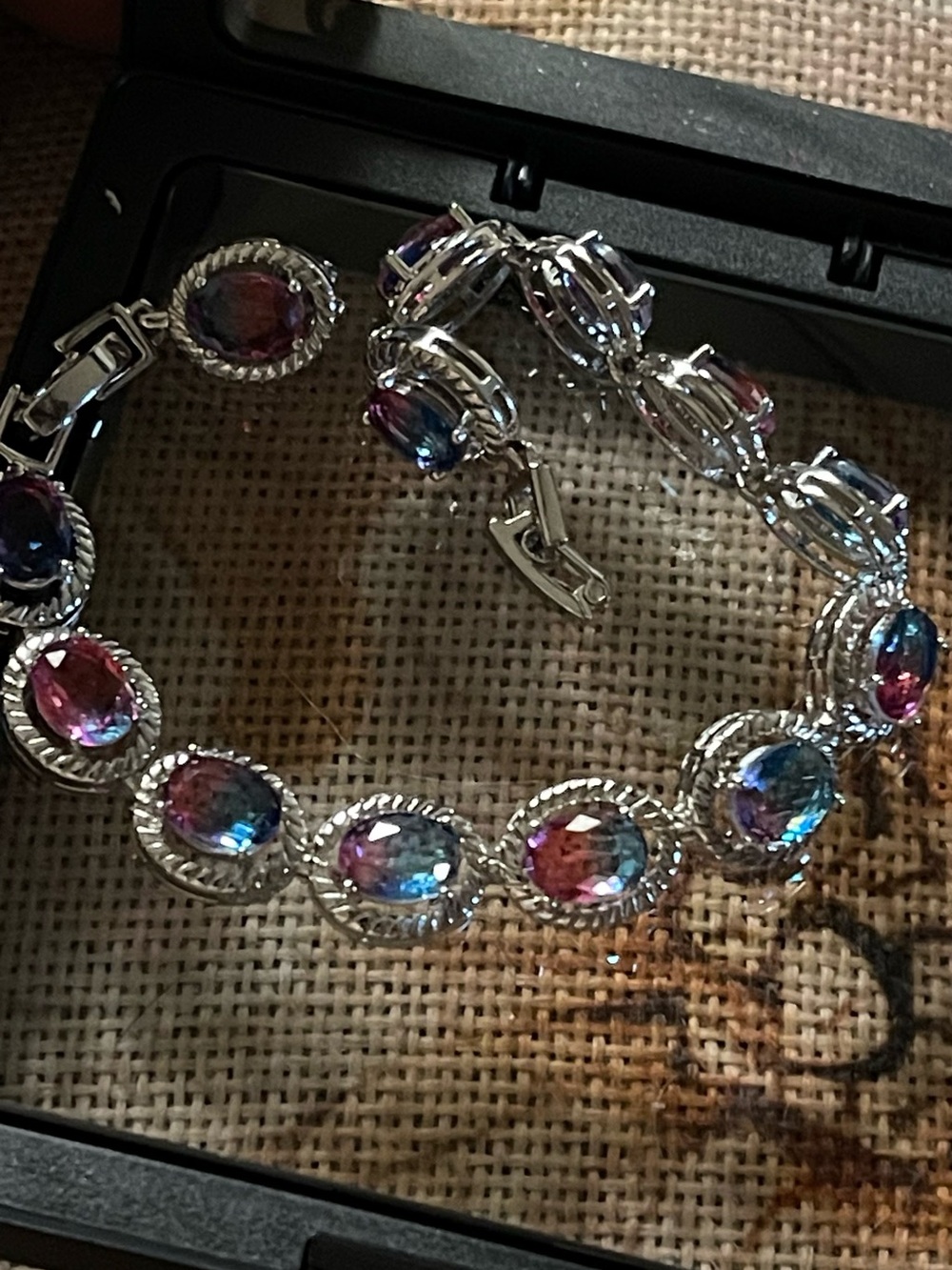 Silver-Tone Multicolor Crystal Bracelet - Vibrant Blue & Pink Stones